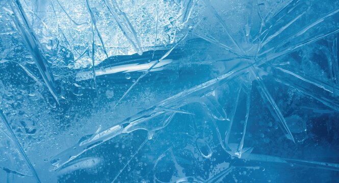 Winter scene displaying blue icy glass with abstract frosty patterns and open copy space