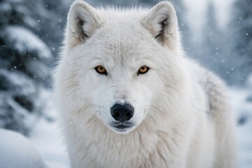 Fototapeta premium Closeup of Arctic wolf making eye contact in snowy winter landscape