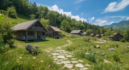 Fototapeta premium Summer landscape featuring ecological village with wooden homes and stone walkways