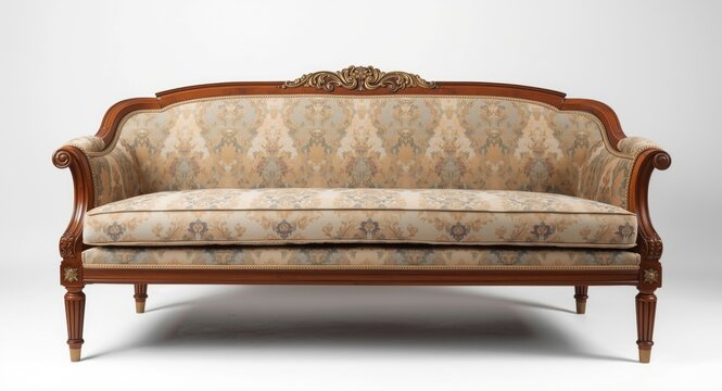 Timeless Biedermeier style sofa with hand crafted wood details and period fabric