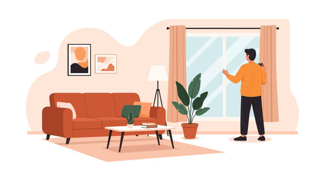 Man admiring modern living room interior with sofa, coffee table, and large window