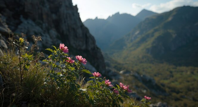 Wild Burnet Rose blooming amid shaded rugged rockscape in a peaceful region
