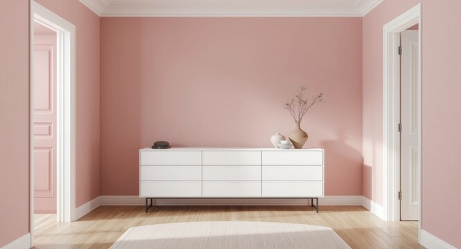 Sleek contemporary hall with pink wall tones and white dresser in an interior mockup