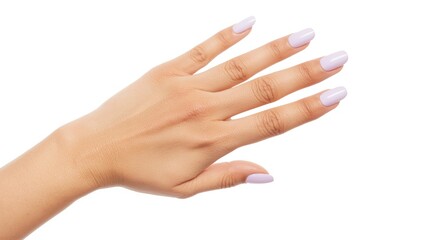 Fototapeta premium Woman hand with pale purple manicure set against clear white copy space background