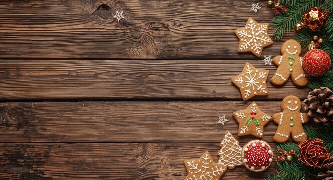 Warm wooden surface with gingerbread cookies and colorful Christmas decor