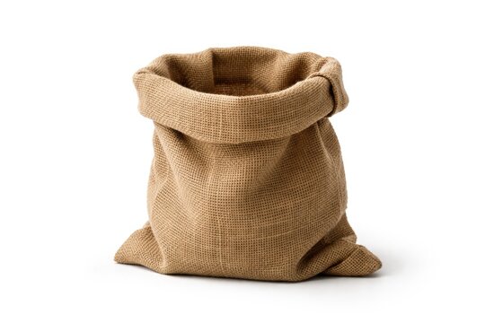 Empty burlap sack on a clean white backdrop with copy space