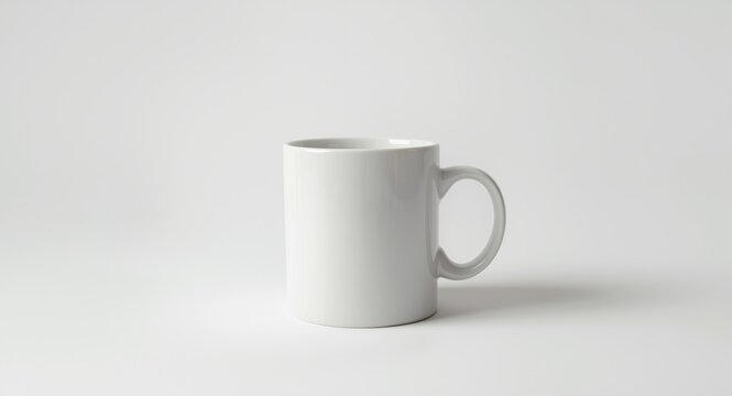 White ceramic mug minimal side view positioned on white backdrop for hot drink template use