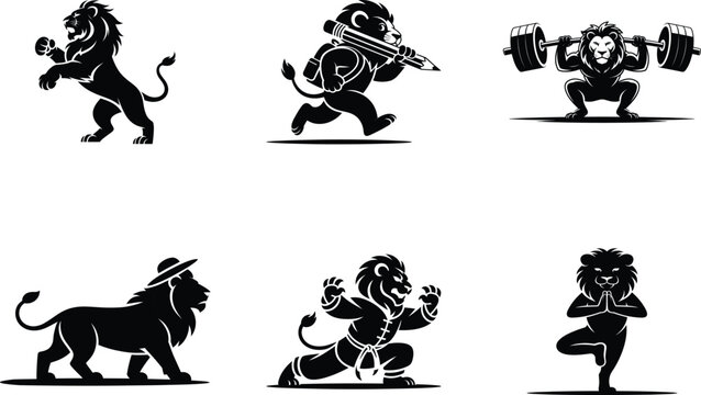 Black and white of lions in various poses and activities fitness yoga martial arts