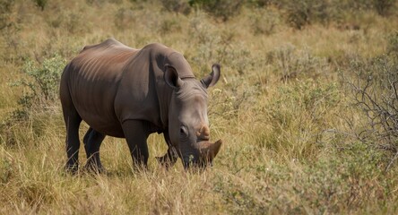 Fototapeta premium Strong black rhino exploring green scrubland during warm season