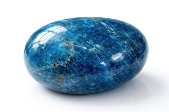Close up of a polished blue apatite stone on a clean white background