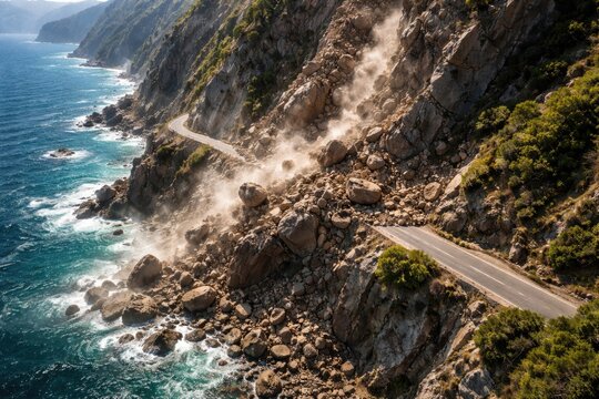 Aerial view of a dangerous rockslide along a coastal mountain path