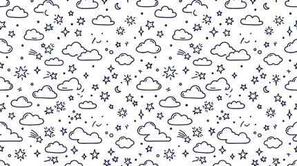 Fototapeta premium Seamless doodle weather pattern with clouds sun rain and snow icons.
