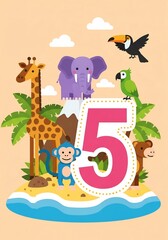 Naklejka premium 明るい熱帯の島にいるカラフルな動物たちのイラスト