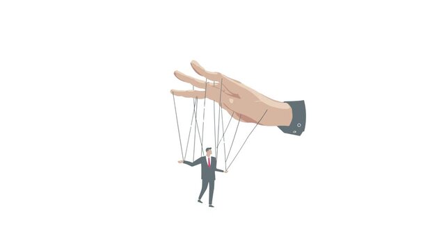 Puppet Master Concept: A Large Hand Controlling a Small Figure on Strings.