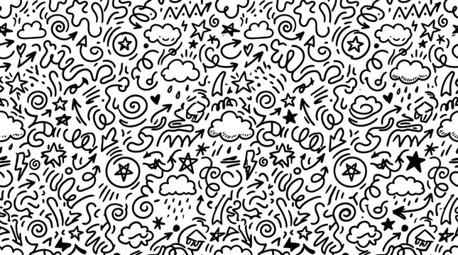 Intricate black and white abstract doodle pattern with swirling motifs.