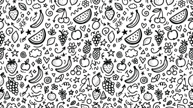 Monochrome doodle fruit pattern with watermelons berries and leaves in seamless illustration.