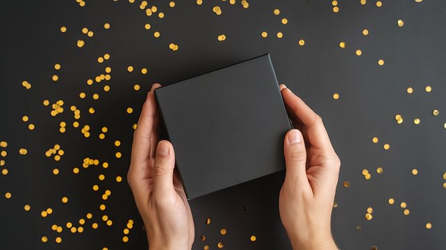 A person holds a small black box on a dark surface with gold confetti