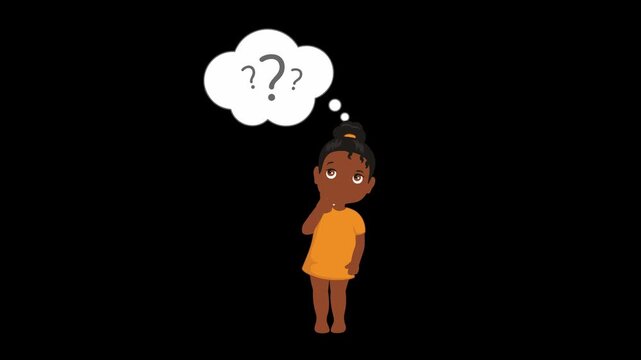 Cartoon woman in orange dress thoughtfully pondering a question.