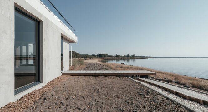 Modern home facade with a cleared courtyard and window facing a placid body of water