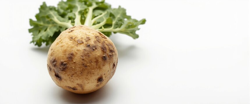 Front angle of potato foliage showing fungal early blight infection on white studio background