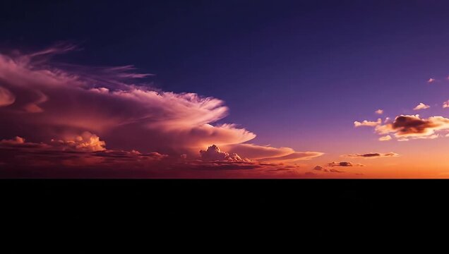 Dramatic sunset sky with vibrant colorful clouds over dark horizon