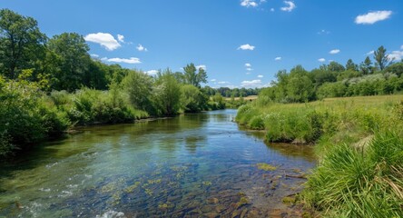 Obraz premium Vibrant summer landscape showcasing a clear river and lush vegetation under blue skies