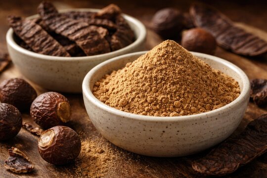 Close up of dried shikakai and soapnut powder in ceramic bowl with selective focus