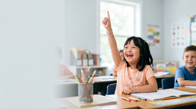 Cheerful girl raising her hand and pointing up during a lesson in a bright classroom, active involvement, inclusive primary education, student life.