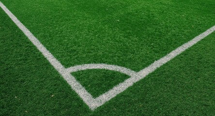 Fototapeta premium Marked corner areas on synthetic turf seen during lively soccer game
