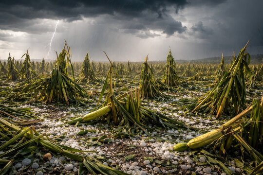 cornfield damaged by severe hailstorm with broken stalks