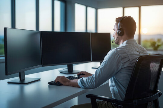 Man wearing headphone using multiple monitor for support, monitoring, work in modern office background