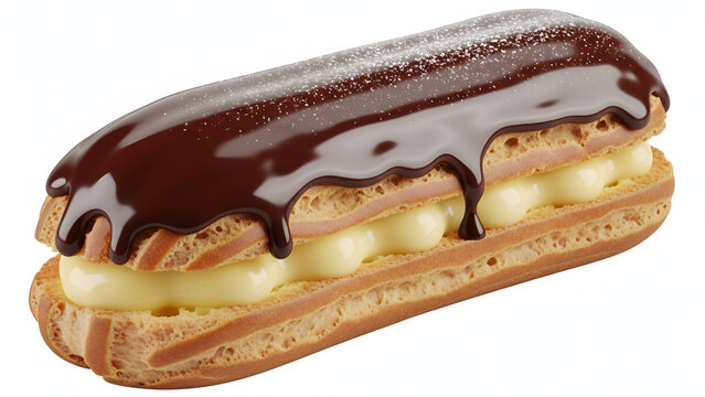 Delightful chocolate eclair pastry with rich cream filling, presented as a high-quality isolated 20.png image