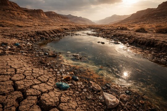 Arid landscape featuring dry waterbed and polluted water surface