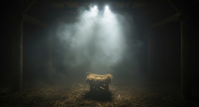 Gentle fog and dust lights creating an ethereal glow on an empty manger