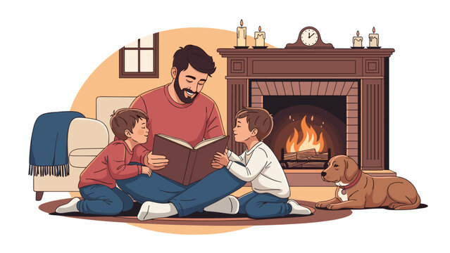 Caring father sits comfortably on the floor reading an engaging storybook to his two young sons by a warm fireplace at home.