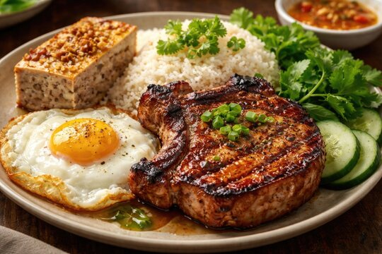 Grilled Pork Chop with Broken Rice, Fried Egg, and Meatloaf on Plate