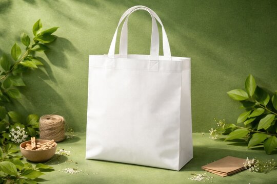 Reusable white tote bag mockup on green background highlighting eco friendly non woven fabric