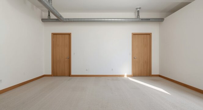 Unfurnished room incorporating two doors and a lengthwise pipe