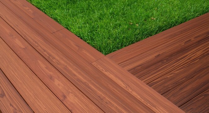 Wraparound deck renovation showing Ipe hardwood boards complemented by healthy evergreen grass and exotic wood floor
