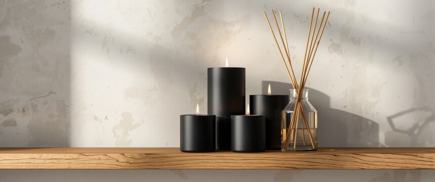 Wooden shelf styled with black candles and reed diffuser for aromatherapy