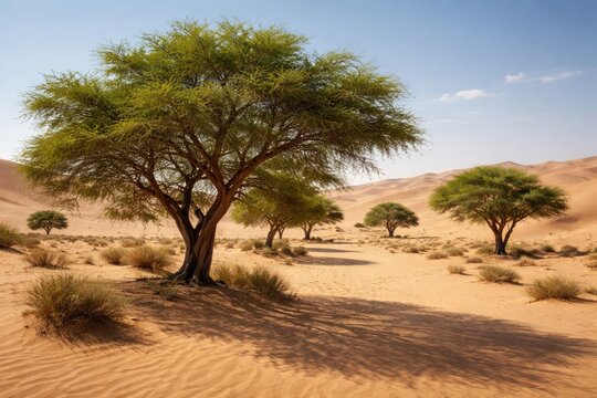 Thriving Ghaf trees in arid desert sand dunes under bright sunlight