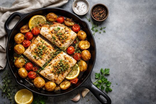 Top view of skillet roasted haddock fillet with tomatoes and potatoes on gray background with copy space