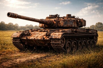 Fototapeta premium Rusty tracked military tank positioned in an open field under bright sunlight