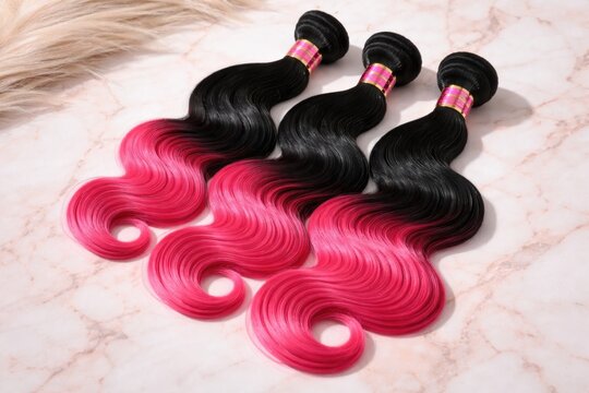 Vibrant pink and black human hair weave bundles with body wave texture for stylish transformations