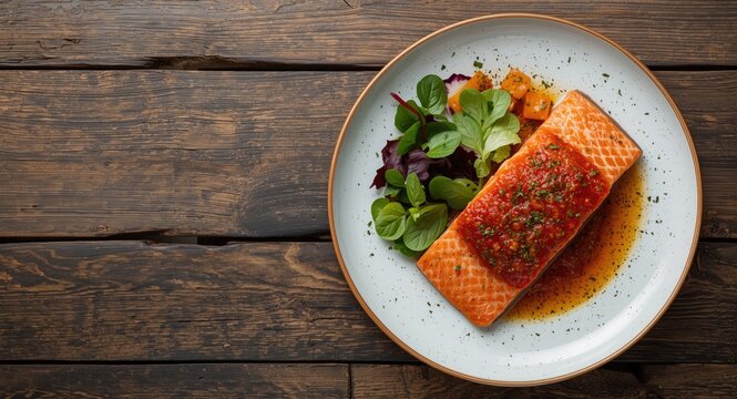 Tasty salmon parmentier paired with garden salad on aged wooden table