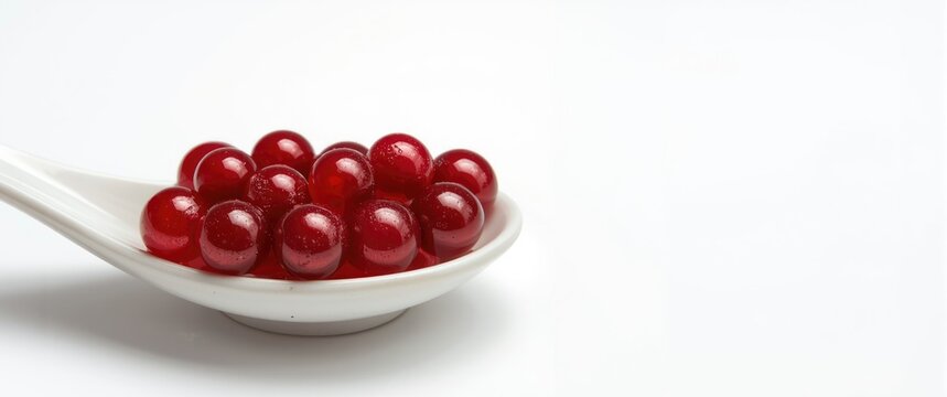 Glossy red bubble tea pearls placed on ceramic spoon against white backdrop