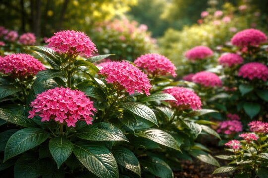 Vibrant pink pentas blossoms thriving in rich green leaves within a peaceful garden scene full of natural charm