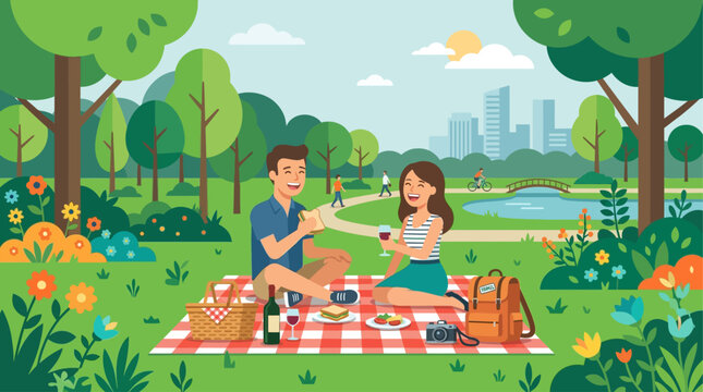 A charming flat design illustration of a traveling couple having a delightful picnic in a beautiful park, enjoying each other's company and nature. This image represents leisure and romantic moments