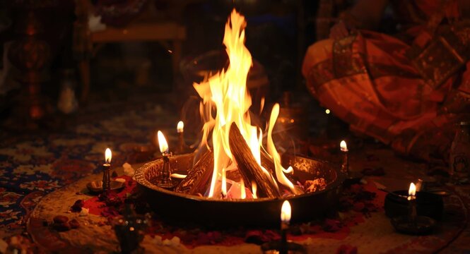 Traditional Indian yajna ritual with sacred fire and ceremonial items