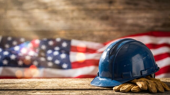 Blue plastic construction hard hat and yellow leather work gloves on a textured wooden table with a blurred American flag background and soft light rays illuminating the scene.